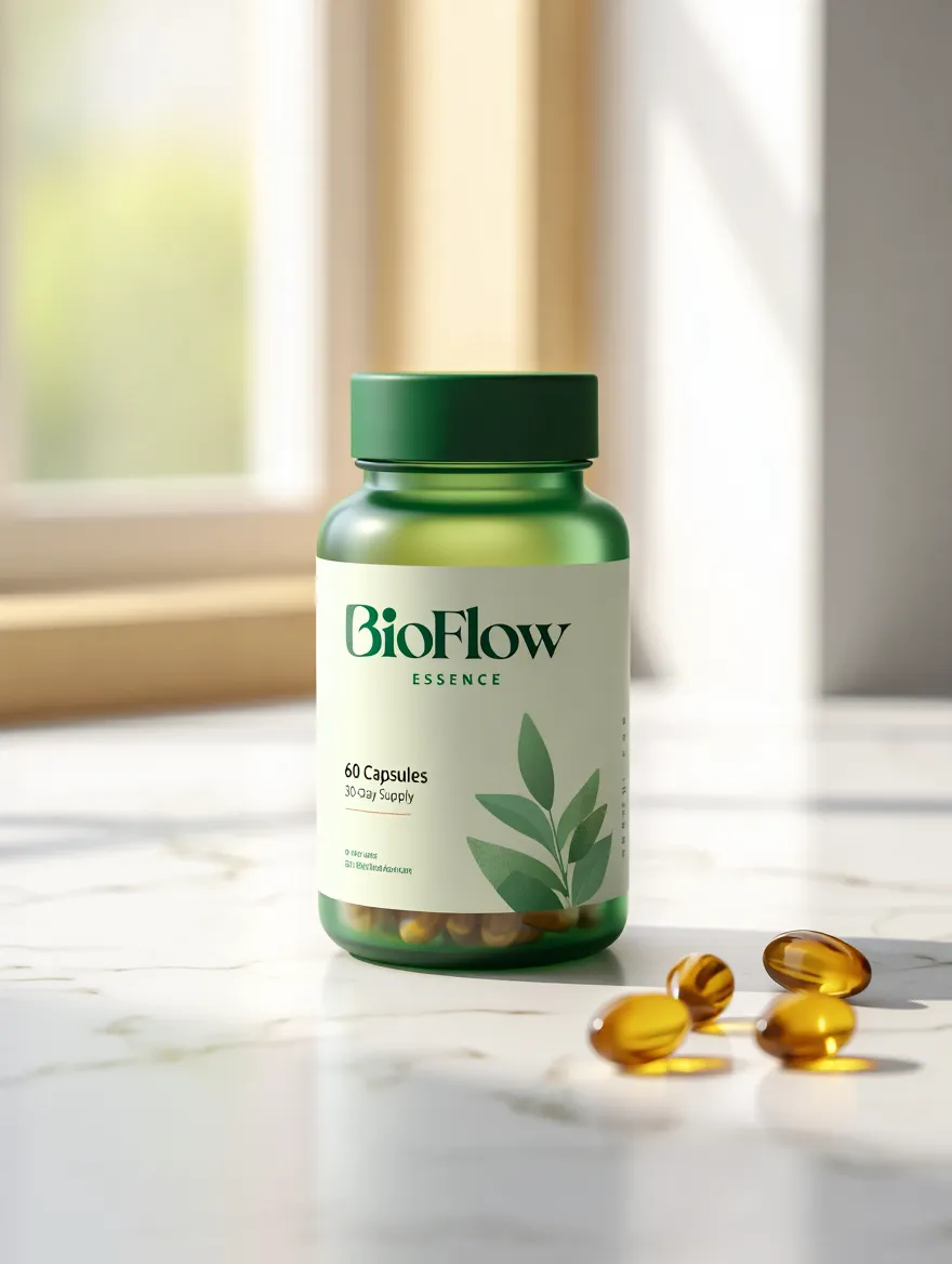 BioFlow Essence supplement bottle with natural green design, containing 60 capsules for a 30-day supply